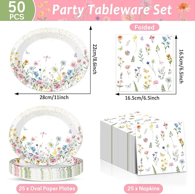 Wildflower Oval Plates and Napkins Floral Paper Platters Disposable Flower Party Tableware Decor Heavy Duty Dish Tray for Holiday Picnic Wedding Bridal Baby Shower Party Celebration,25 Guest