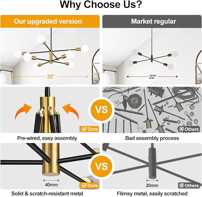 Sputnik Chandeliers Dining Room Light Fixture (8-Light, 30-Inch), Modern Gold and Black Chandelier, Height Adjustable Mid Century Modern Chandeliers for Dining Room Kitchen Island