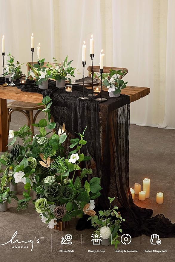 Ling's moment 14Ft Black Cheesecloth Table Runner Boho Chic Gauze Semi-Sheer Halloween Tablecloth for Wedding Celebrations for Baby Shower Decorations