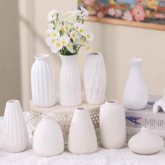 Set of 9 Ceramic Bud Vases for Pampas Grass Flowers, Small Vases in Bulk for Centerpieces Boho Vases for Wedding Decorations Neutral Living Room and Bedroom Decor DIY Gift (White-2)