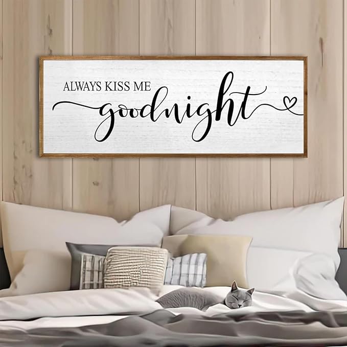 Always Kiss Me Goodnight Wall Sign 40''×15'' Vintage Master Bedroom Above Bed Farmhouse Wooden Framed Family Wall Decor for Larg Couples Over Bed Wall Art Decoration (Wood)
