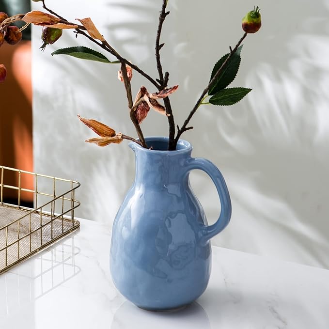 Kimdio Blue Ceramic Vase with Handle, Modern Pitcher Vase for Home Decor, Nordic Pottery Vase, Decorative Flower Vase, Clay Vase, Centerpieces for Living Room