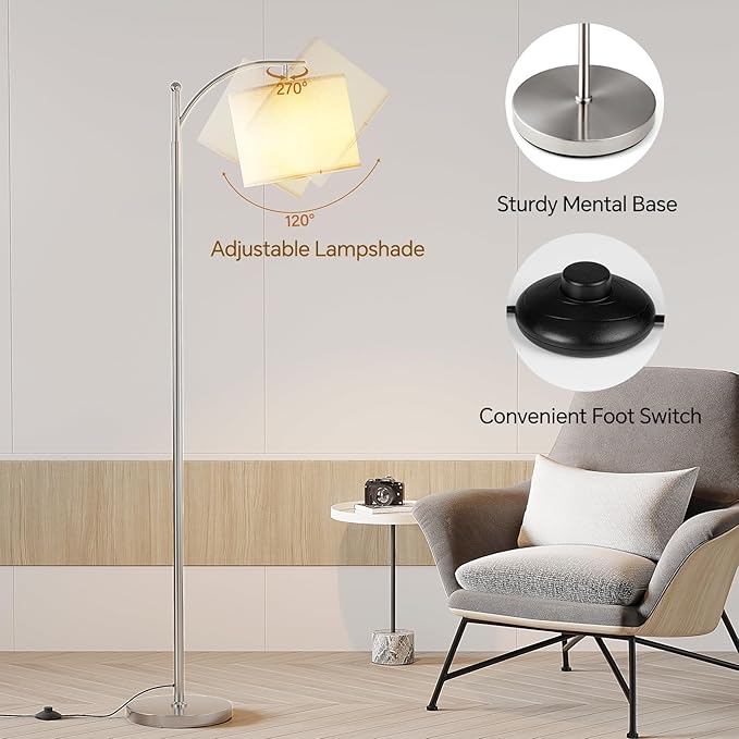 SUNMORY Arc Floor Lamp,Modern Floor Lamp with 9W 3 Color Temperatures Bulb,Metal Standing Lamps with Adjustable Hanging Lampshade,Tall Floor Lamps for Living Room,Bedroom,Office