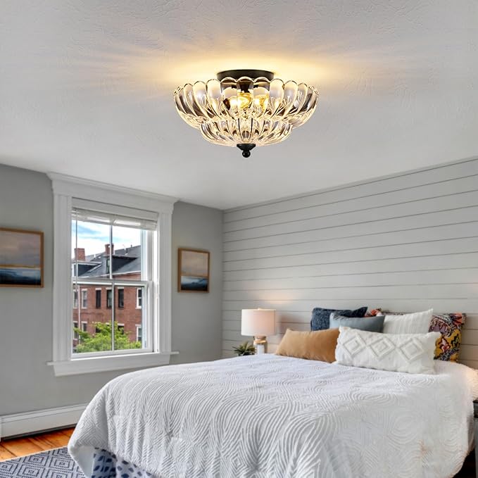 Modern Black Ceiling Light Fixture, 12" Clear Glass Flush Mount Chandeliers, Semi Flush Mount Ceiling Light Fixture Suitable for Living Room Hallway Kitchen Bedroom