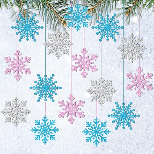 Winter Snowflake Hanging Ornaments Decors, Frozen Snowflakes Ceiling Streamers Sparkly Snow Decor for Christmas Birthday Winter Wonderland New Year, Glitter Pink Blue Sliver Snowflake Garland
