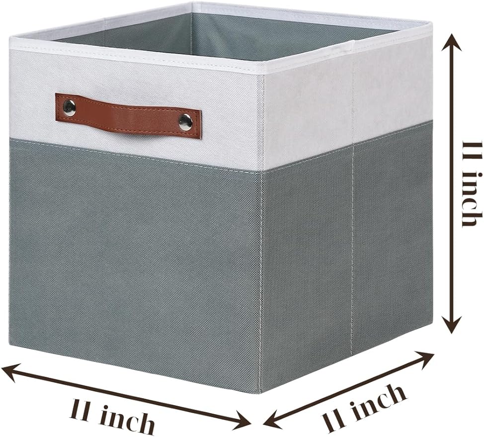 Temary 11x11 Storage Cubes Fabric Cube Storage Bins with Handles Clothes Storage Boxes Baskets for Organizing Home, Shelf, Closet (White&Grey, 11 x 11 x 11)