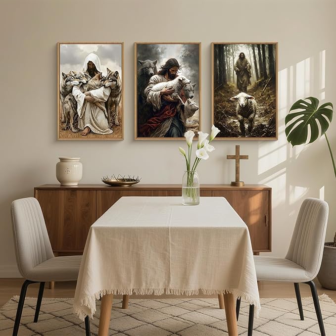 KAIRNE Jesus Christian Wall Art Set of 3, Religious Canvas Prints with Lamb & Wolf, Vintage Bible Verse Decor, The Good Shepherd Artwork for Living Room, Bedoom - 24x36 Inches