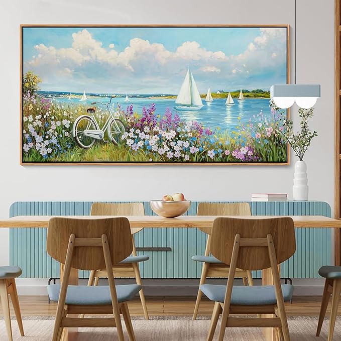 Pogusmavi Coastal Sailboat Wall Art Beach Pictures Landscape Flower Farmhouse Blue Paintings for Living Room Bedroom Decor Large Canvas Artwork Framed Prints Coastal Wall Art Prints20×40IN