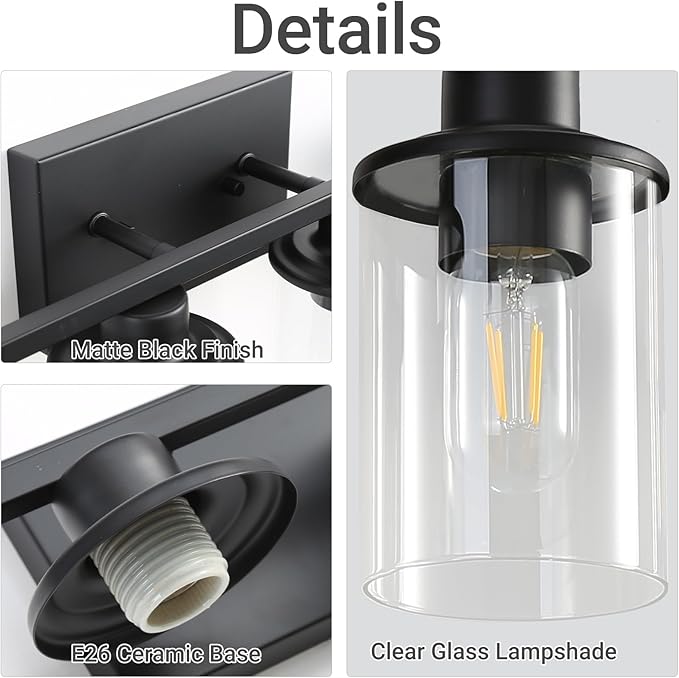 LOUSACE 4 Light Bathroom Vanity Light, Matte Black Bathroom Light Fixtures, Modern Bathroom Lights Over Mirror with Clear Glass Shade, Wall Sconce Lighting for Bedroom Living Room