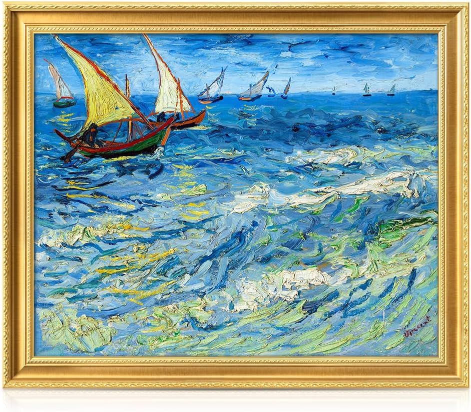 DECORARTS - Vincent van Gogh's Fishing Boats at Sea, Museum-Quality Giclee Canvas Print in Gold Solid Wood Frame, 34.75 x 28.75 in, Ready to Hang, Made in USA