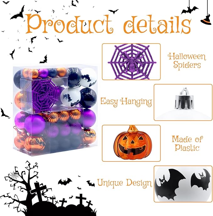 Halloween Ornaments Tree Decorations, 61 Pack Shatterproof Halloween Hanging Ball Ornaments Set with Loop for Party Holiday Indoor Home Decor