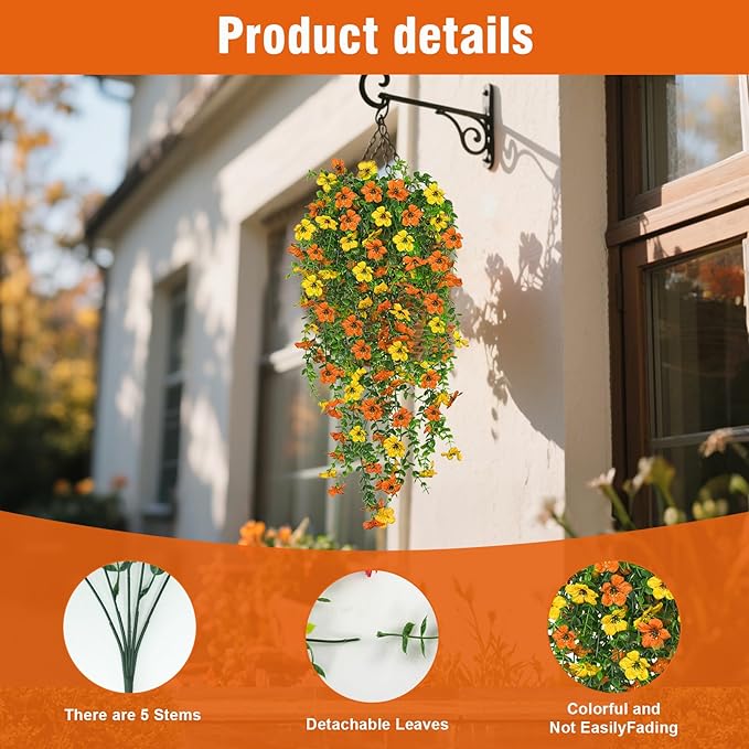 4 Pcs Fall Artificial Hanging Flowers for Outdoors,Fake Hanging Plants,Artificial Mums for Outdoors,Fall Decorations for Home,Outdoor Fall Decor(Orange&Yellow)
