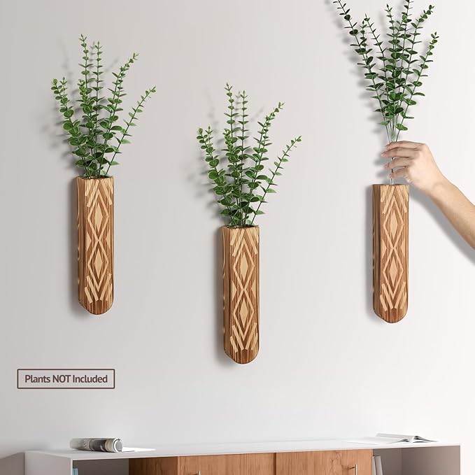 3 Pack Wood Wall Planter, Boho Wall Vase for Hallway Decor and Bathroom Decor, Modern Farmhouse Decor, Wooden Hanging Planter for Holding Dried Flowers and Faux Greenery