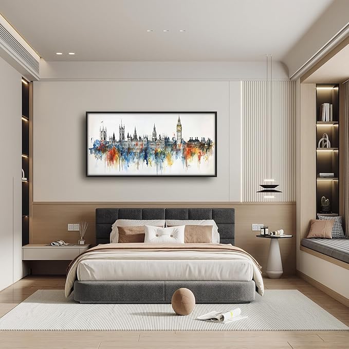 Flintis Large London Framed Wall Art Big Ben Pictures Wall Decor Abstract City Landscape Watercolor Canvas Painting Print Artworks Decor Framed for Living Room Bathroom Master Bedroom 60L X 30W