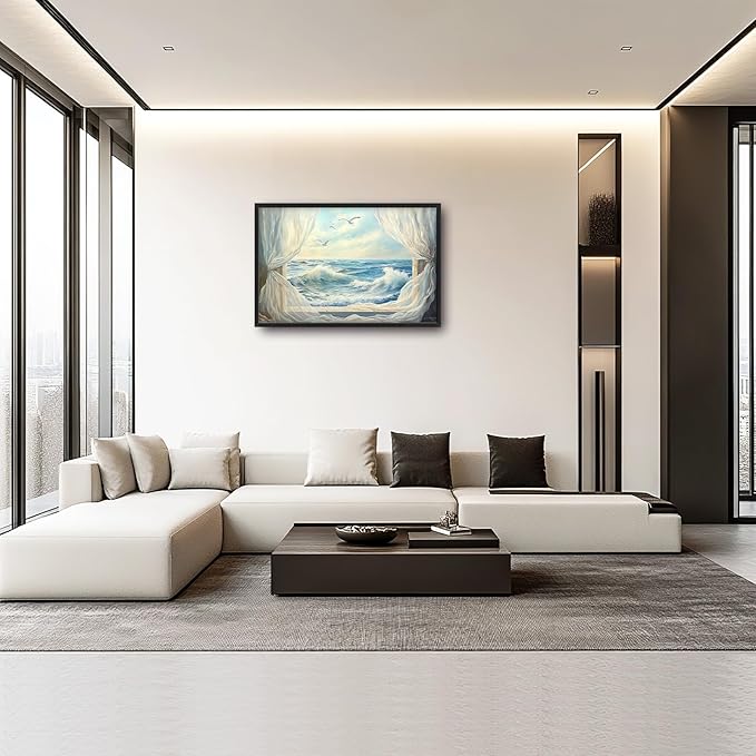 Beach Window Framed Wall Art for Living Room, Large Coastal Canvas Wall Decor, Window Curtains Pictures Framed Painting, Landscape Artwork for Bedroom Office Home Decor 36L'' × 24W''