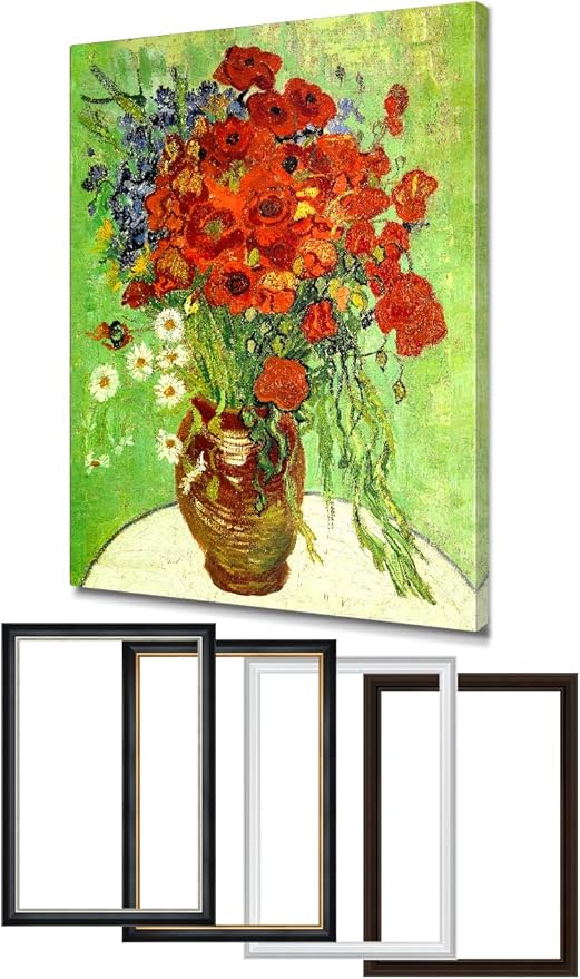 DECORARTS - Red Poppies and Daisies by Vincent Van Gogh, Large Giclee Canvas Print with Solid Wood Frame, Oversized Wall Art Decor