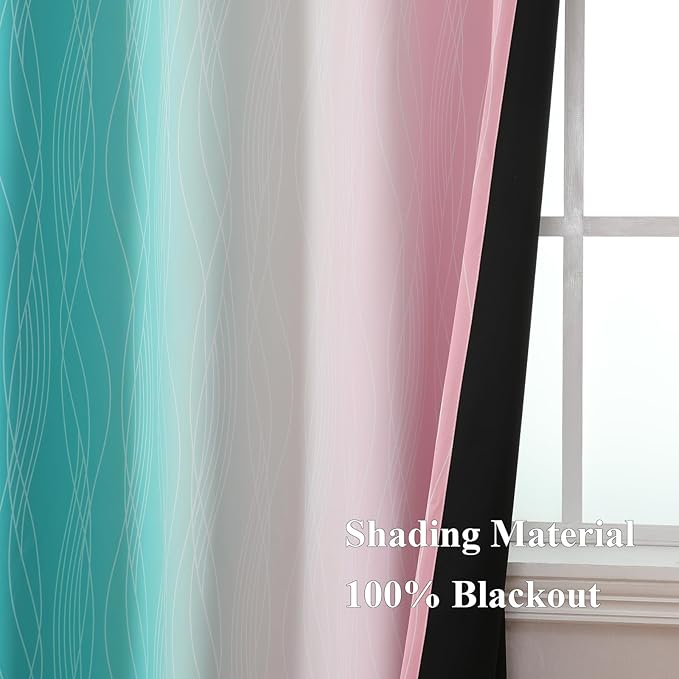 Estelar Textiler Pink and Teal Blackout Curtains 54 Inch Length, Full Light Blocking Gradient Grommet Drapes for Living Room, Thermal Insulated Ombre Curtains for Bathroom, 52Wx54L, 2 Panels