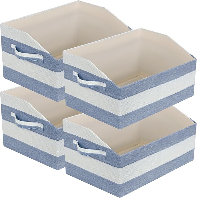 Linen Closet Organizers and Storage, Trapezoid Fabric Bins, Home Office Organization Baskets Striped Collapsible Box with Handles for Clothes, Blanket, Books, DVD, 4 Pack, Blue/White