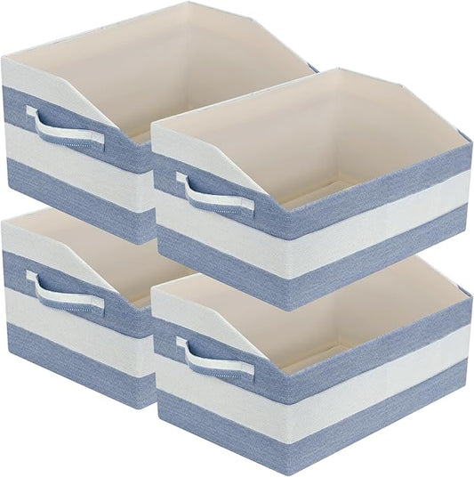 Linen Closet Organizers and Storage, Trapezoid Fabric Bins, Home Office Organization Baskets Striped Collapsible Box with Handles for Clothes, Blanket, Books, DVD, 4 Pack, Blue/White