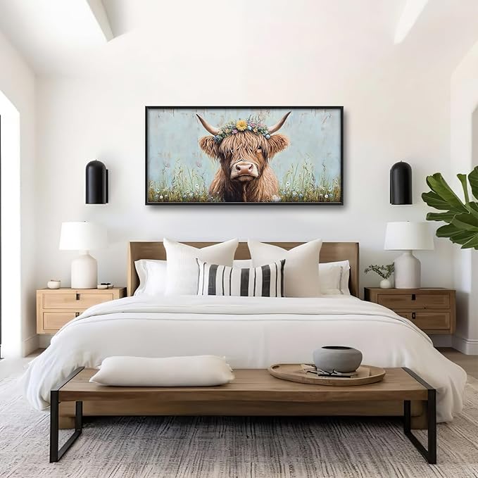 Highland Cow Framed Wall Art for Living Room, Large Cow Canvas Wall Decor, Animal Pictures Painting, Modern Artwork for Bathroom Bedroom Office 60L'' × 30W''