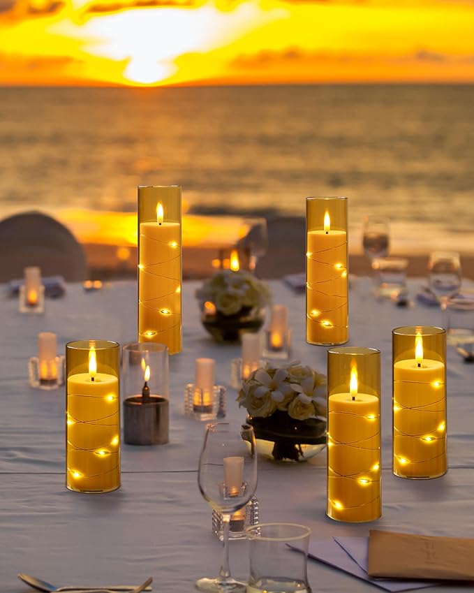 Da by Flameless Candle Light, Battery Candle with recessed String Lights, 5 flameless Candles with 11-Key Remote Control, 24-Hour Timer Function, Champagne Color