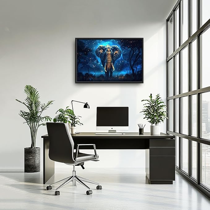 Flintis Large Elephant Wall Art Elephant Moon Wall Decor Abstract Animal Canvas Painting Print Artwork Decoration Framed for Living Room Bathroom Master Bedroom Office Dining Room 36L x 24W