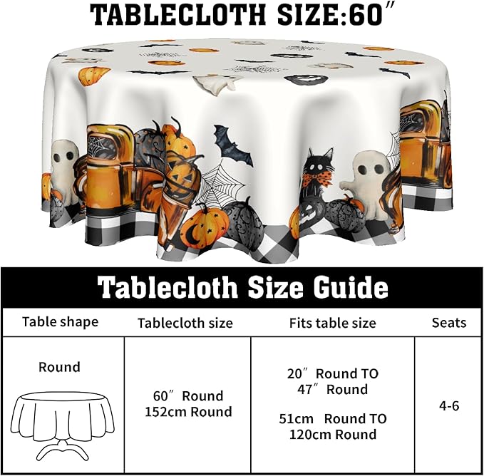 Kawani Halloween Tablecloths - Round Spooky Tablecloths with Pumpkins & Ghosts, 60 Inch, Perfect for Kitchen & Dining Room Dinner Parties