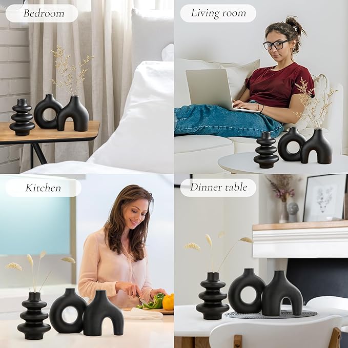 Black Ceramic Vase Set of 3, Modern Boho for Home Decor, Small Flower Vases for Pampas Grass, Round Centerpieces for Wedding, Coffee Table, Shelf, Living Room, Bedroom, Entryway