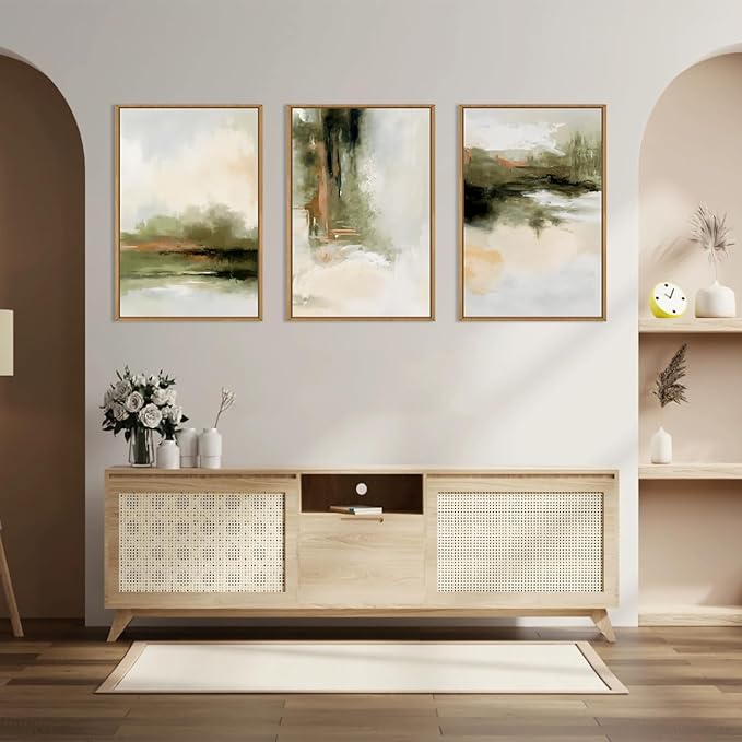 KAIRNE 3Pc Green Abstract Neutral Framed Canvas Wall Art Set, Modern Watercolor Shapes Wall Decor, Minimalist Pastel Wall Painting, Brown, Gray Tan for Living Room, Bedroom, Office 16x24 Inch