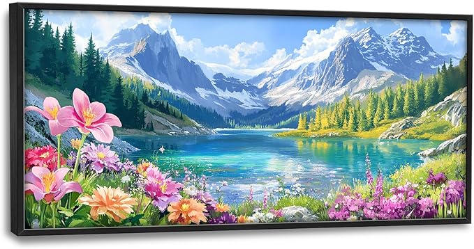 Extra Large Framed Mountain Lake Wall Art,Colorful Wild Flower Wall Decor,Mountain Forest Landscape Pictures for Living Room,Canvas Print Painting Modern Artwork Bedroom Office Bathroom 60L x30W