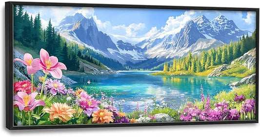 Extra Large Framed Mountain Lake Wall Art,Colorful Wild Flower Wall Decor,Mountain Forest Landscape Pictures for Living Room,Canvas Print Painting Modern Artwork Bedroom Office Bathroom 60L x30W