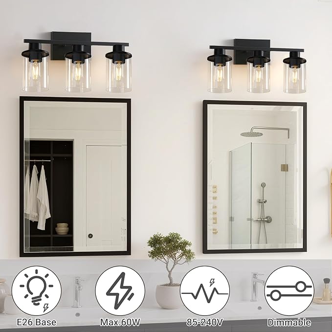 LOUSACE 3 Light Bathroom Vanity Light, Matte Black Bathroom Light Fixtures, Modern Bathroom Lights Over Mirror with Clear Glass Shade, Wall Sconce Lighting for Bedroom Living Room