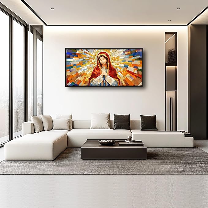 Virgin Mary Wall Art for Living Room, Our Lady of Guadalupe Canvas Wall Decor, Large Jesus Mother Pictures Framed Painting, Catholic Spiritual Artwork for Bedroom Office Home Decor 60L'' × 30W''
