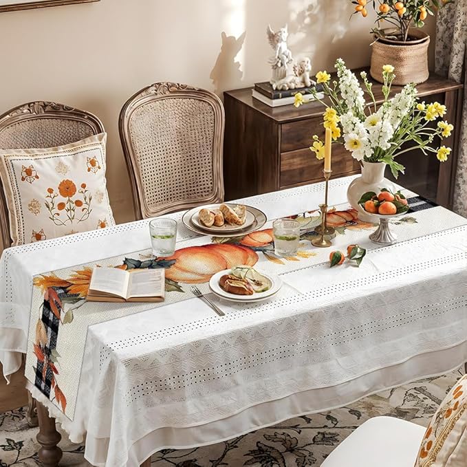 ANNA QUEEN Pumpkin Sunflower Table Runner 13 x 72 Inch for Dining Table, Table Runner for Seasonal Autumn Kitchen Dining Table Decoration for Home Party Decor Thanksgiving Harvest