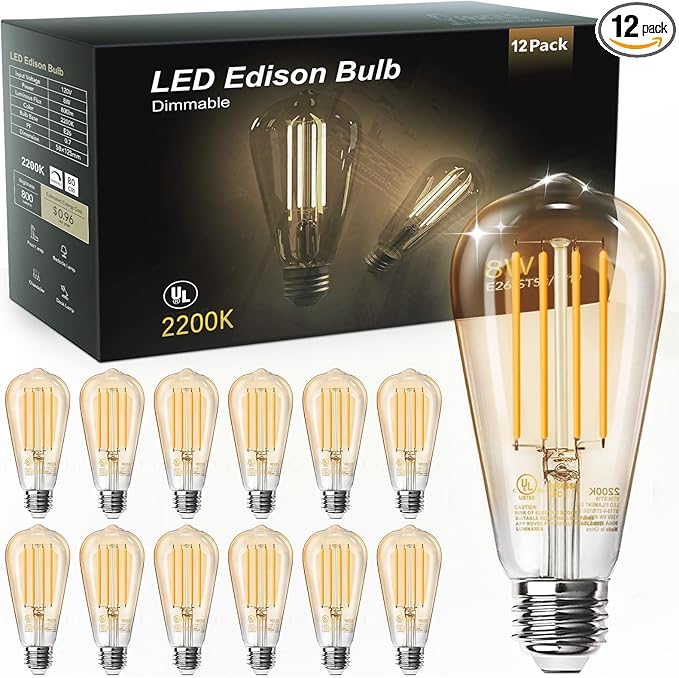 TJOY 12 Pack Vintage 8W ST58 LED Edison Amber Light Bulbs, 60W Equivalent, 800 Lumens, 2200K Soft White, Dimmable, E26 Base LED Filament Bulbs, CRI80+, Antique Glass Style for Home, Bedroom