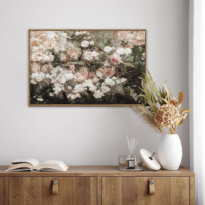 KBKBART Framed Canvas Wall Art for Living Room Bedroom Decor, Vintage Moody Floral Art Print Flower Rose Garden, Rustic Bathroom Decor, Classical Vintage (16"x24")