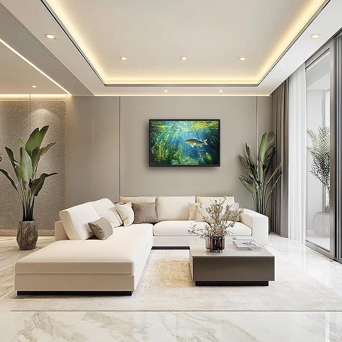 Flintis Large Ocean Fish Framed Wall Art Natural Green Plants Pictures Wall Decor Abstract Fishing Canvas Painting Print Artworks Decor Framed for Living Room Bathroom Master Bedroom 36L X 24W