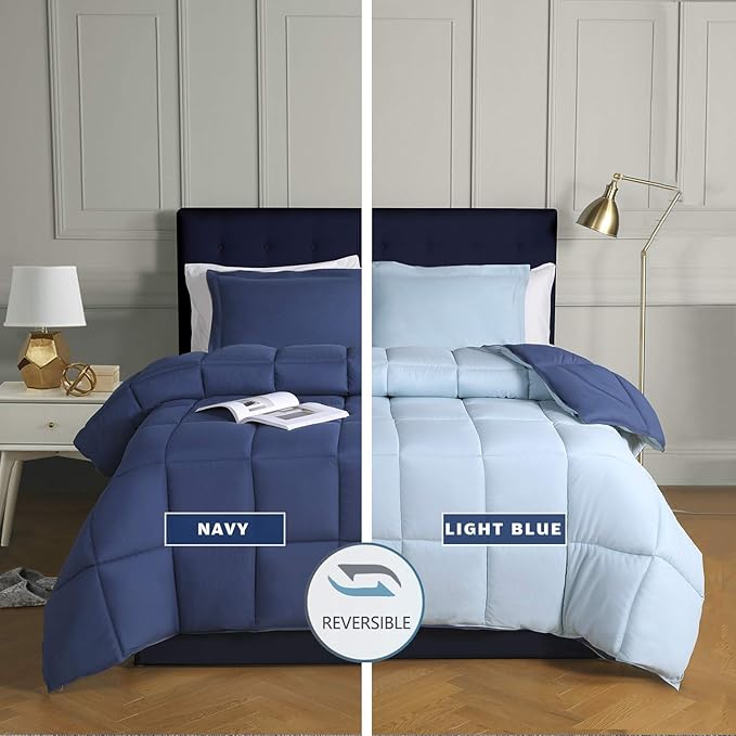 HIG 3pc Down Alternative Comforter Set - All Season Reversible Comforter with Sham - Quilted Duvet Insert with Corner Tabs - Box Stitched - Breathable, Soft, Fluffy (Twin/Twin XL, Navy/Light Blue)