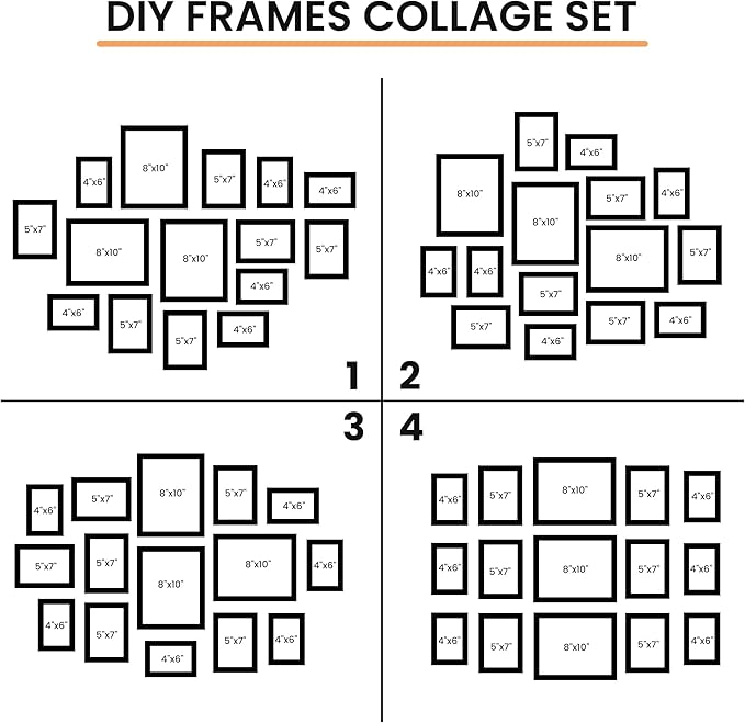 15 Pack Picture Frames Collage Wall Decor, Gallery Frame Set for Wall Mounting or Tabletop Display, Multi Sizes Including 3pcs 8x10, 6pcs 5x7, 6pcs 4x6, Walnut