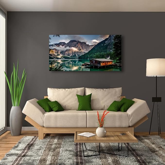 Green Lake Mountain Pictures Canvas Wall Art for Living room Bedroom Wall Decor, Mountain Wall Art Print Paitnings for home Decor,Morden Artwork House in the lake Landscape Canvas Art