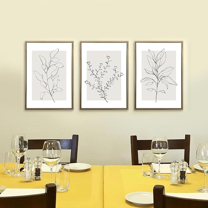 WRFON Neutral Botanical Canvas Wall Art, Minimalist Black Line Flower Poster Prints, Boho Beige Floral Wall Decor, Abstract Plant Leaf Aesthetic Picture for Bedroom Living Room Framed 16"x24"x3