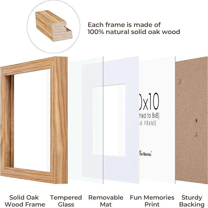 Fun Memories 10x10 Picture Frames, Square Frame 10 by 10 with Mat for 8 by 8, Rustic Oak Wood Frame 10"x10", 10 x 10 Wood Frame Set of 4, Minimalist 10x10 Photo Frames, Natural Oak Color