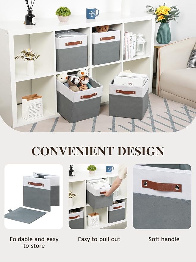 Temary 11x11 Storage Cubes Fabric Cube Storage Bins with Handles Clothes Storage Boxes Baskets for Organizing Home, Shelf, Closet (White&Grey, 11 x 11 x 11)