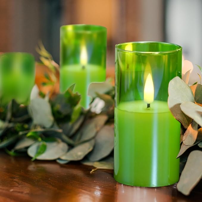 Eywamage Green Glass Flameless Candles with Remote Batteries, Flickering Slim Tall LED Pillar Votive Candles Set of 5