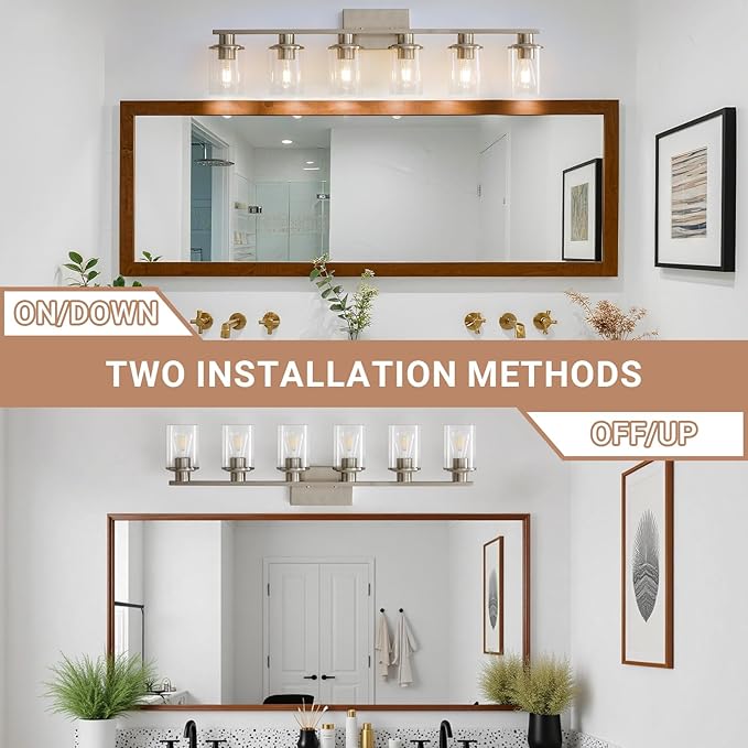 LOUSACE 6 Light Bathroom Vanity Light, Brushed Nickel Bathroom Light Fixtures, Modern Bathroom Lights over Mirror with Clear Glass Shade, Wall Vanity Lighting Fixtures for Bathroom Bedroom Living Room