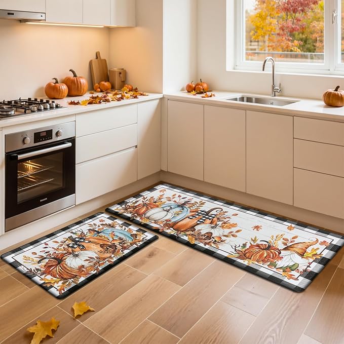 SHACOS Fall Anti Fatigue Kitchen Mats 2 Pcs Pumpkins Gnome Maple Leaves Black and White Checkered Rug Autumn Non Slip Cushioned Floor Mat for Kitchen Decor, 17x27.5+17x47, Pumpkins Black Plaid