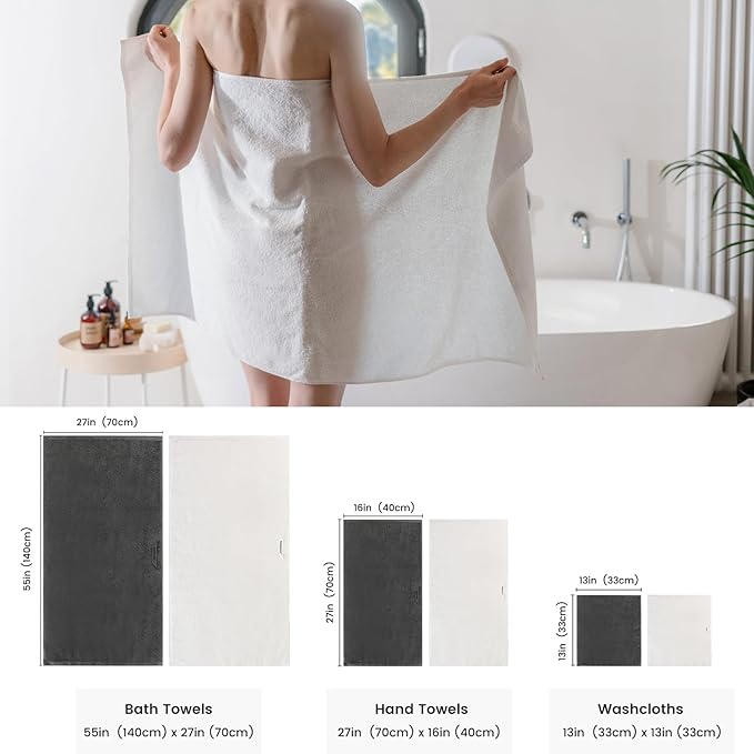 SEMAXE 18-Piece Mixed Color Bathroom Towel Set(White, Gray) - Bath Towel, Hand Towel, and Washcloth – 3 Pieces per Color, 100% Cotton, Lightweight, Absorbent, Quick-Drying, Ideal for Couples and Gifts