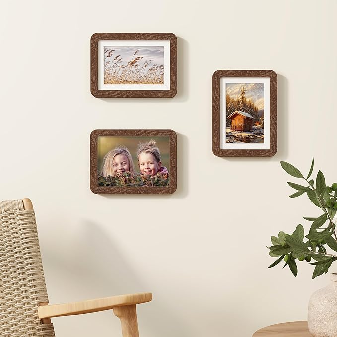 5x7 Picture Frames Set of 3, 5 by 7 Photo Frames for Wall & Tabletop Display, Solid Oak Wood Frames with Plexiglass, 5x7 Frame Matted to 4x6, Light Wood 5 x 7 Gallery Wall Frame Set, Walnut Color
