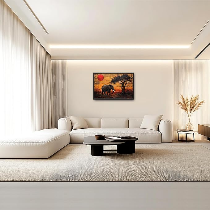 Elephant Framed Wall Art for Living Room, Large African Elephant Canvas Wall Decor, Wild Animal Sunset Picture Painting, Modern Artwork for Bathroom Bedroom 36L'' × 24W''