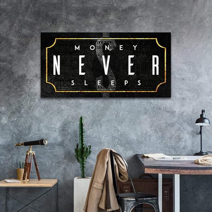 Inspirational Office Canvas Wall Art with Positive Quotes Money Never Sleeps Artwork Black Background Nordic Western Paintings HD Print for Study Room Gym Wall Decor Framed Ready to Hang-40 Wx20 H